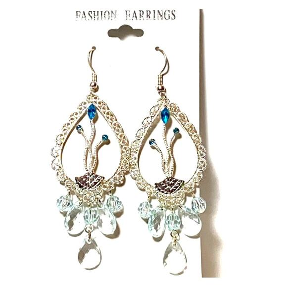 Crystal CHANDELIER EARRINGS 3” Dangle Drop Delicate Silver Blue French Wire NEW - Picture 2 of 3